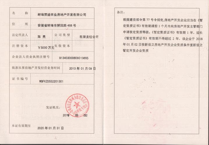 蚌埠华天房地产开发有限责任公司三级资质证书